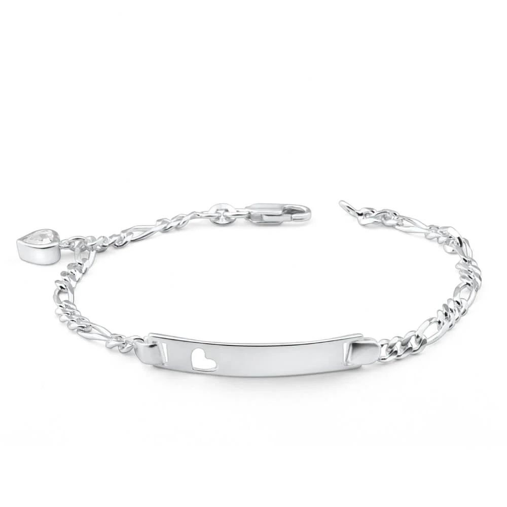 Sterling Silver 19cm Figaro 1-3 Open Heart ID Bracelet with Zirconia H – Shiels Jewellers