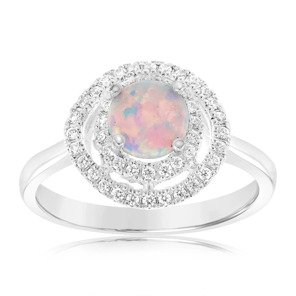 Sterling Silver Cubic Zirconia Created Opal Round Ring – Shiels Jewellers