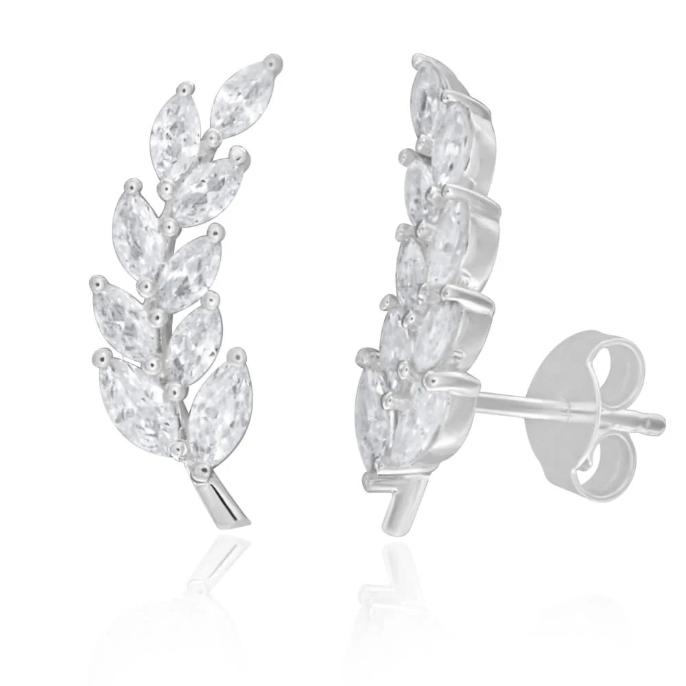 Sterling Silver Cubic Zirconia Fancy Leaf Ear Curve Stud Earrings – Shiels Jewellers