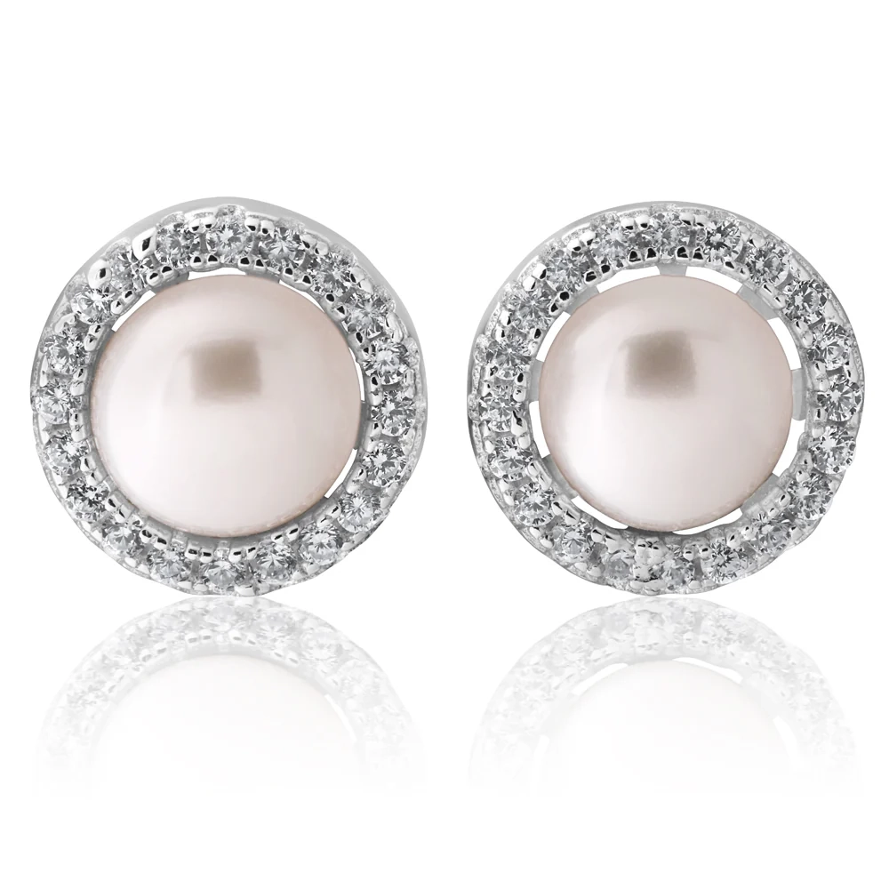 Sterling Silver Cubic Zirconia + Pearl Halo Stud Earrings – Shiels Jewellers