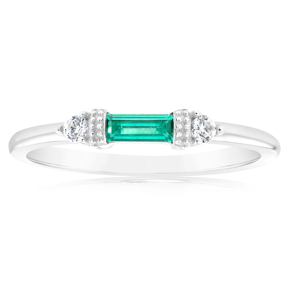 Sterling Silver Rhodium Plated Emerald Stone White Cubic Zirconia Ring – Shiels Jewellers