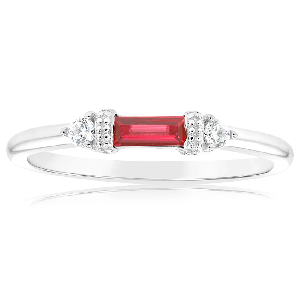 Sterling Silver Rhodium Plated Red Stone White Cubic Zirconia Ring – Shiels Jewellers