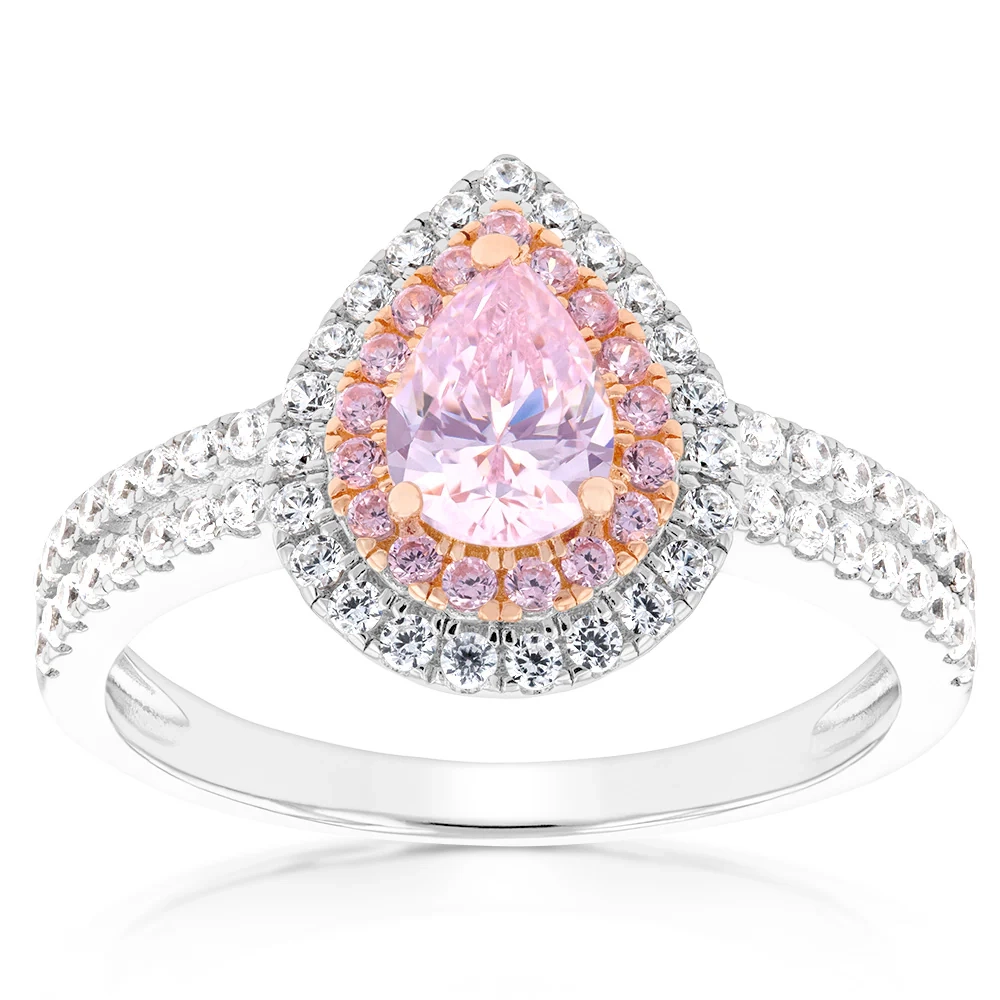 Sterling Silver Rhodium & Rose Gold Plated White & Pink CZ Pear Ring – Shiels Jewellers