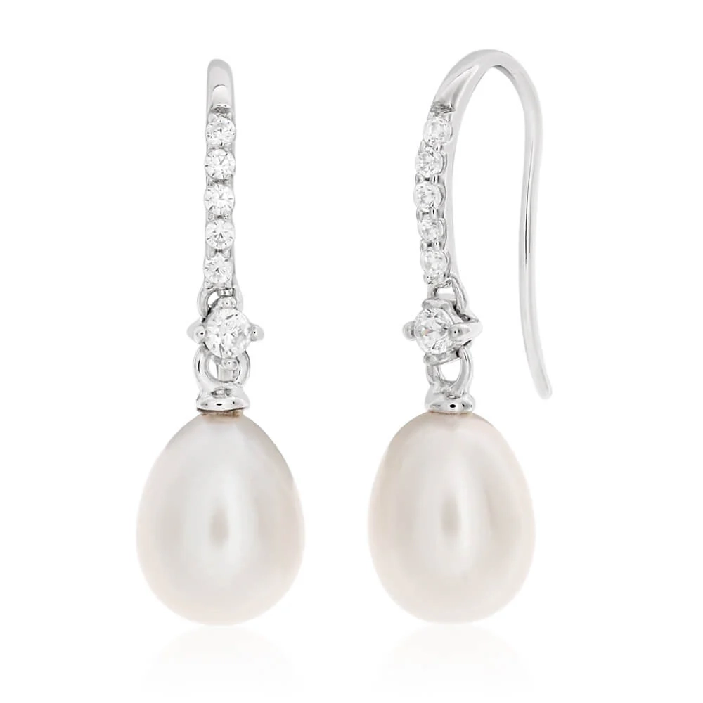 Sterling Silver White Freshwater Pearl + Cubic Zirconia Drop Earrings – Shiels Jewellers