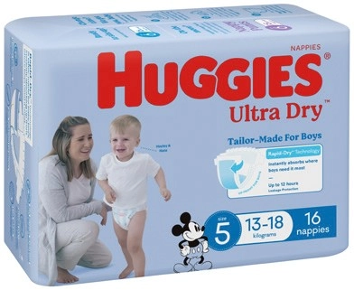 Huggies Nappies Ultra Dry 14‑22 Pack, Infant 24 Pack or Newborn 28 Pack Selected Varieties