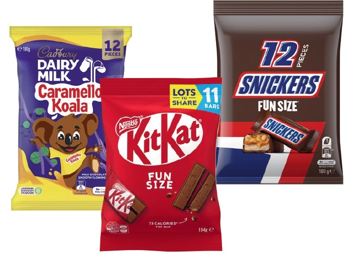 Cadbury 144‑180g, Nestle 154‑158g, Smarties 127g Share Packs, Mars 132‑192g, M&M’s 148g or Skittles 180g Fun Size Bags Selected Varieties