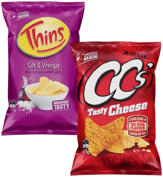 CC’s Corn Chips 175g, Thins Chips 150-175g, Onion Rings 85g or Cornados 110g Selected Varieties