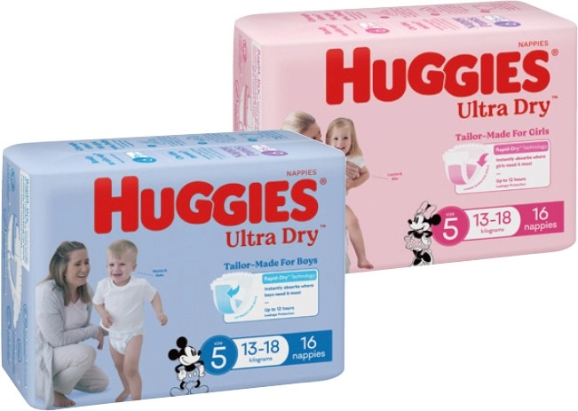 Huggies Nappies Ultra Dry 14‑22 Pack, Infant 24 Pack or Newborn 28 Pack Selected Varieties