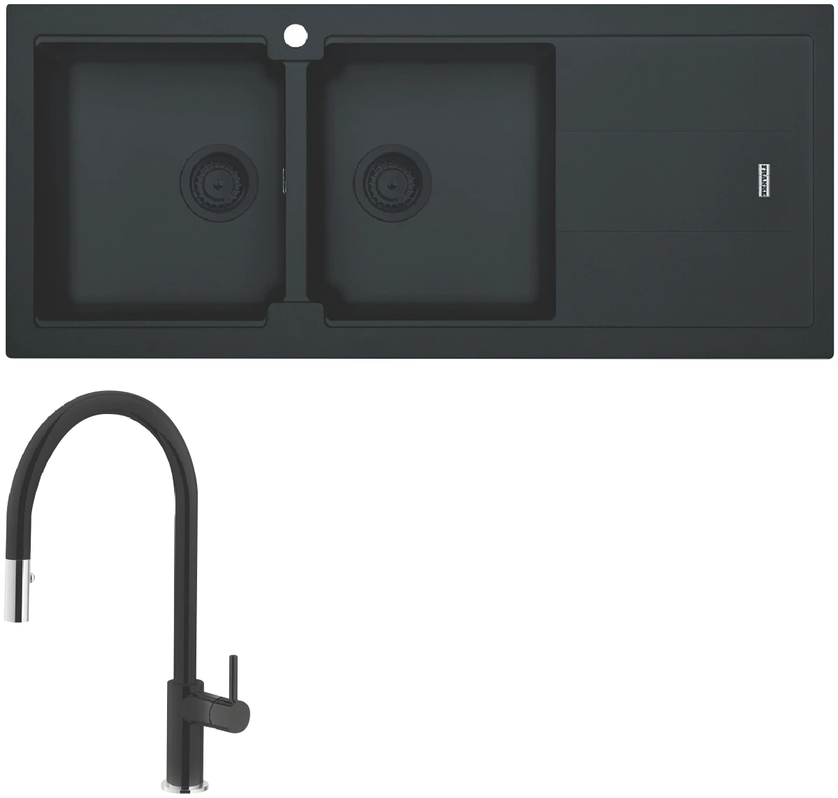 Franke Bali Double Bowl Sink with Right Hand Drainer and Verona Pull-Out Tap - Matt Black