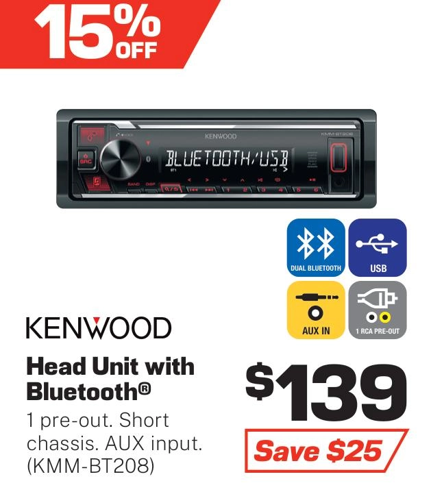 Kenwood Head Unit with Bluetooth/USB - KMM-BT208