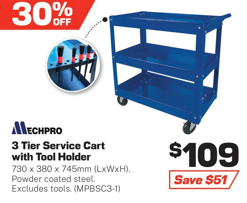 Mechpro Blue 3 Tier Service Cart with Tool Holder - MPBSC3-1