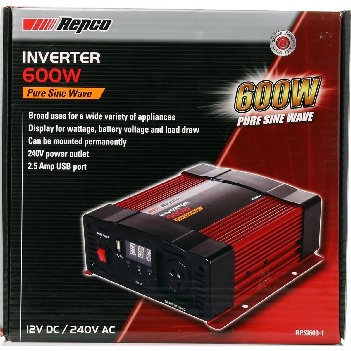 Repco 12V 600W Pure Sine Wave Inverter - RPSI600-1