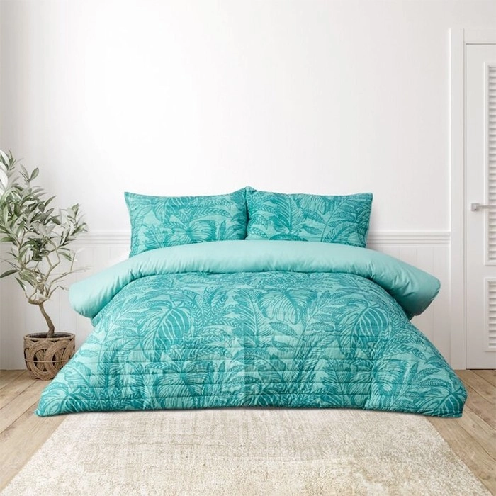 Emerald Hill Blue Palm Quilted Quilt Cover Set