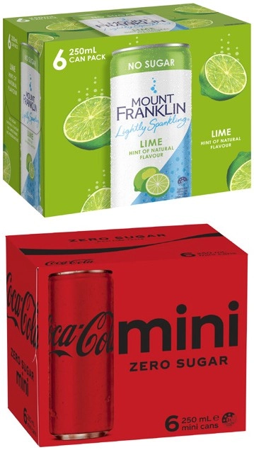 Coca-Cola Soft Drink or Mt Franklin Lightly Sparkling Mini Cans 6x250mL