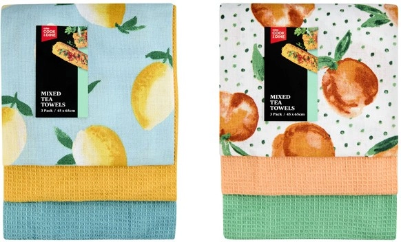 Coles Cook & Dine Mixed Tea Towels Peach or Lemon 3 Pack