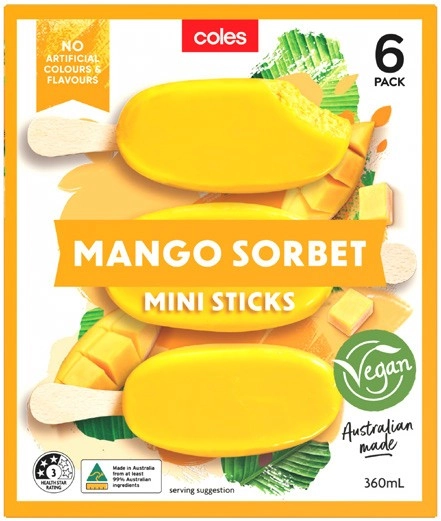 Coles Mango Sorbet Sticks 6 Pack 360mL