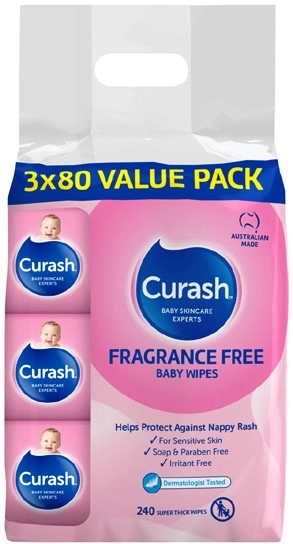 Curash Fragrance Free Sensitive Baby Wipes 240 Pack