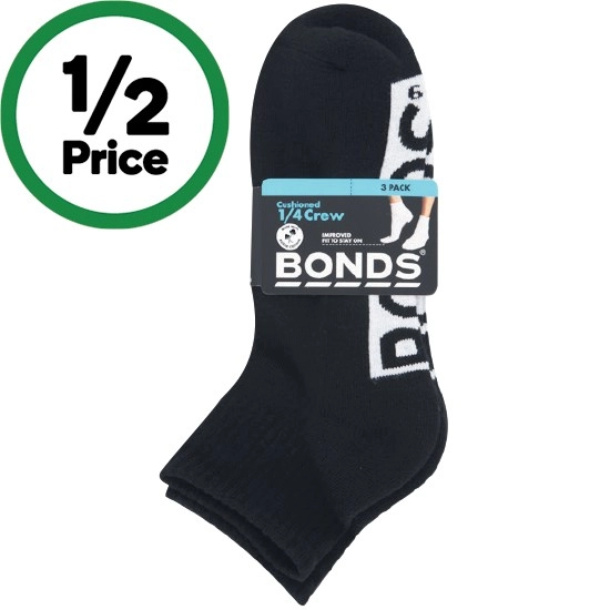 Bonds Men’s Socks 1/4 Crew Sports Assorted Pk 3