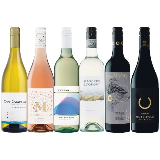 Cape Campbell Marlborough Sauvignon Blanc, Metamorphosis King Valley Rose, On Song Sauvignon Blanc, Rangers Lookout King Valley Pinot Grigio, Small Yet Mighty Shiraz OR The Bullocker Fleurieu Peninsula Merlot 750ml