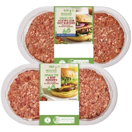 Macro Grass Fed Beef or Extra Lean Beef Burgers 500g