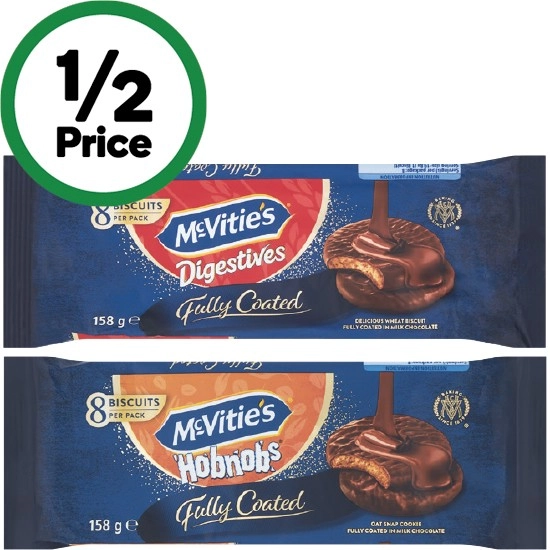 McVitie’s Digestives Fully Coated Biscuits Pk 8 158g or McVitie’s Hobnobs Fully Coated Oat Snap Cookies Pk 8 158g