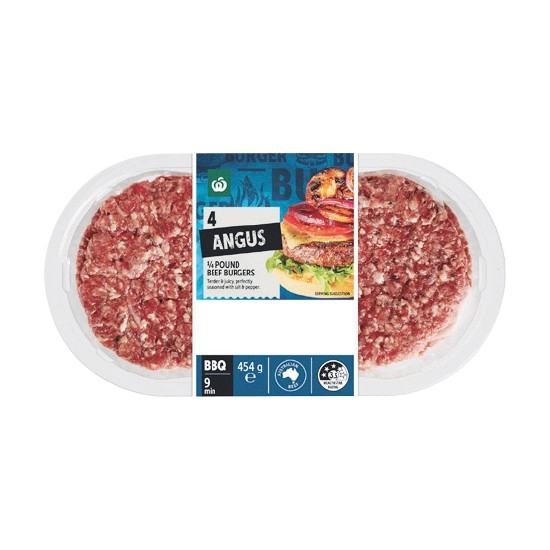 NEW Woolworths Australian Angus 1/4 Pound Beef Burgers 454g Pk 4