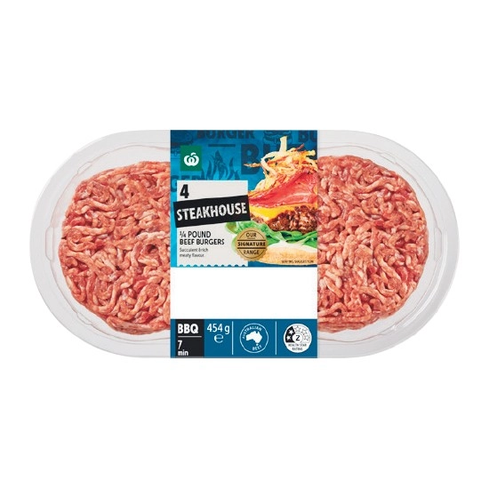 NEW Woolworths Australian Steakhouse 1/4 Pound Beef Burgers 454g Pk 4