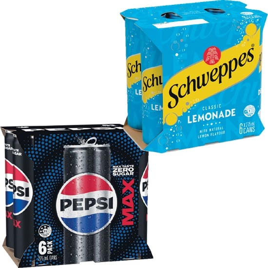 Pepsi Max, Schweppes Lemonade, Solo or Sunkist 6 x 275ml