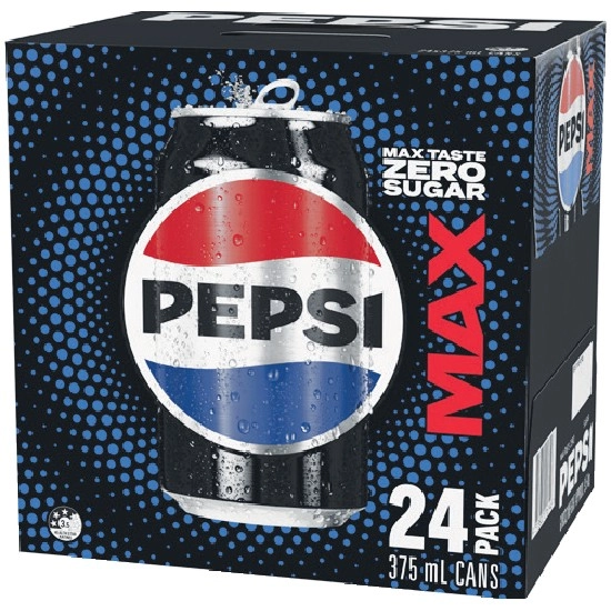 Pepsi Max, Solo No Sugar, Mountain Dew No Sugar, Sunkist No Sugar or Schweppes Lemonade Zero Soft Drink Can Varieties 24 x 375ml