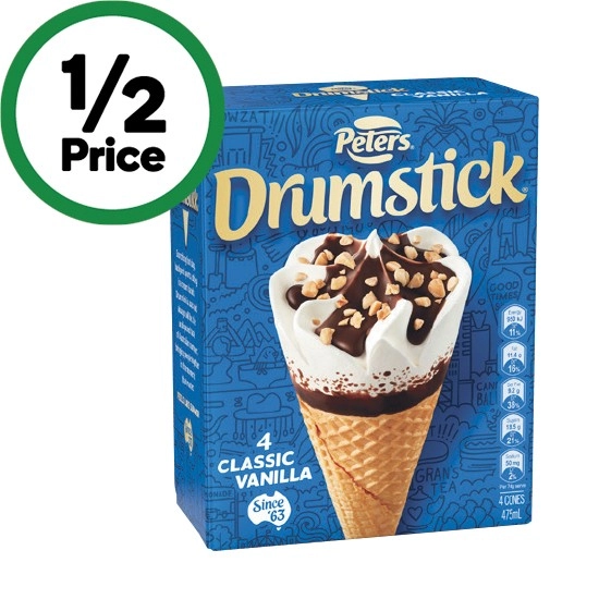 Peters Drumstick Ice Cream 475-490ml Pk 4-6 – Excludes Plant Based – From the Freezer