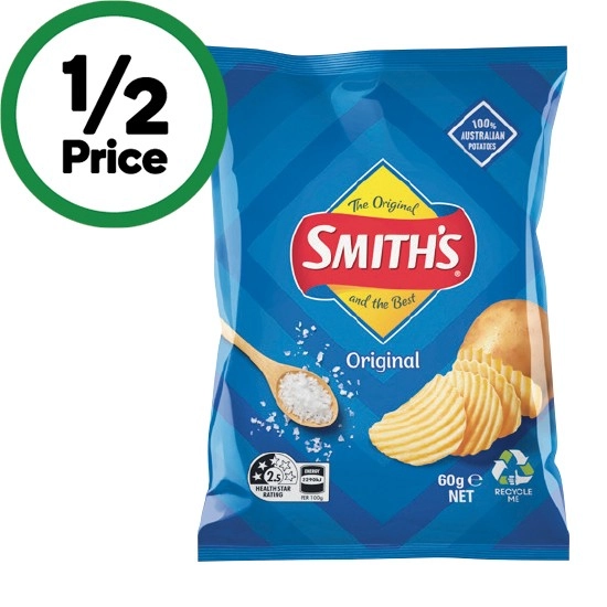 Red Rock Deli Potato Chips 50g, Smith’s Crinkle Cut Potato Chips 60g or Doritos Corn Chips 60g