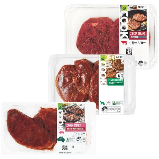 Woolworths COOK Marinated Beef, Lamb & Pork Steaks 250-300g