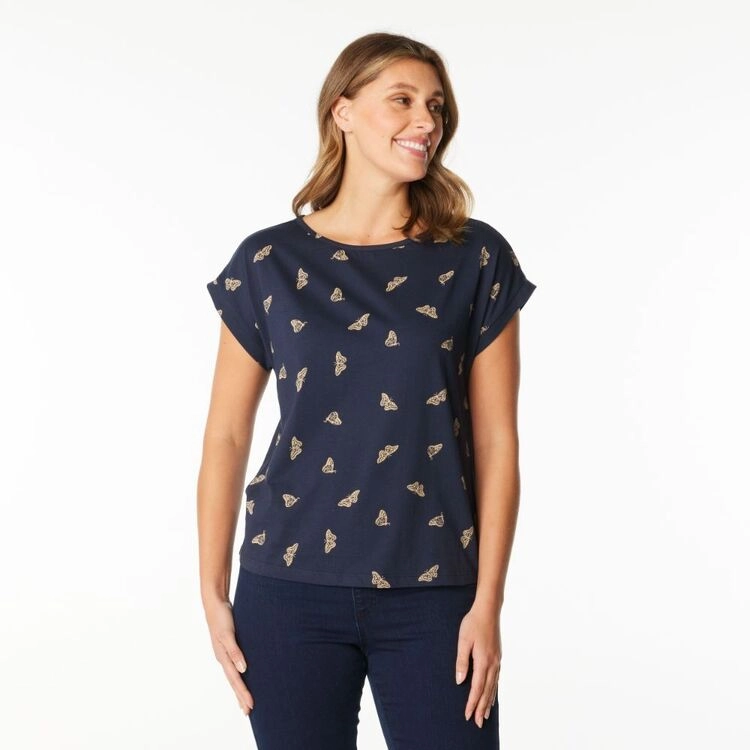 Khoko Collection Women's Extended Sleeve Cotton Butterfly Print Tee Navy & Print