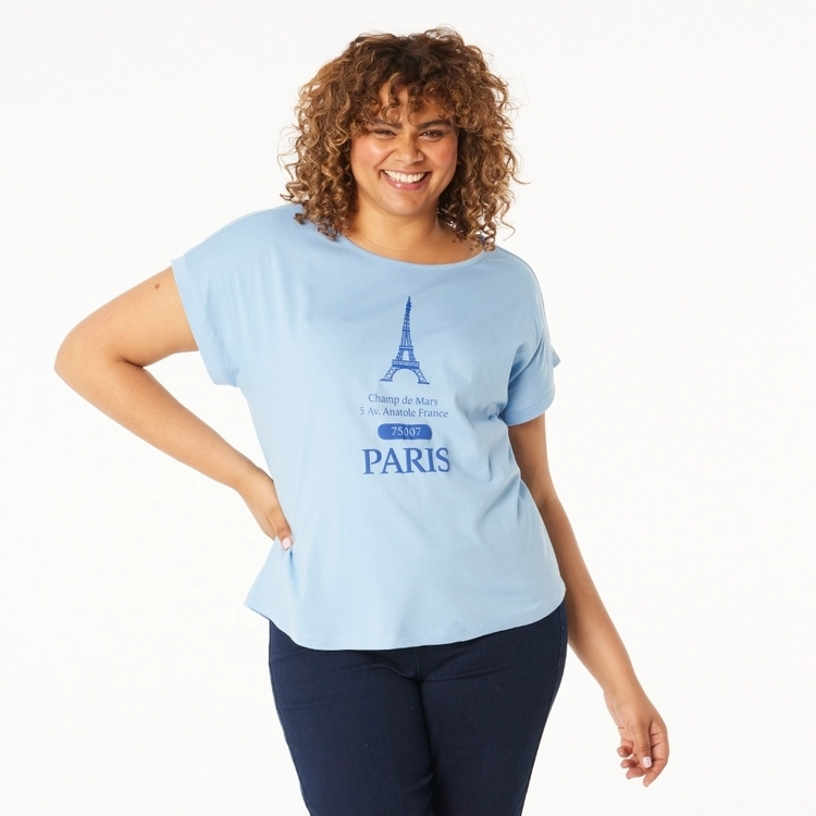 Khoko Collection Women's Extended Sleeve Cotton Paris Print Tee Paris Blue