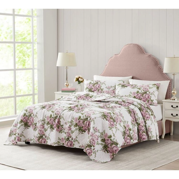 Laura Ashley Country Rose Coverlet Set Pink Queen