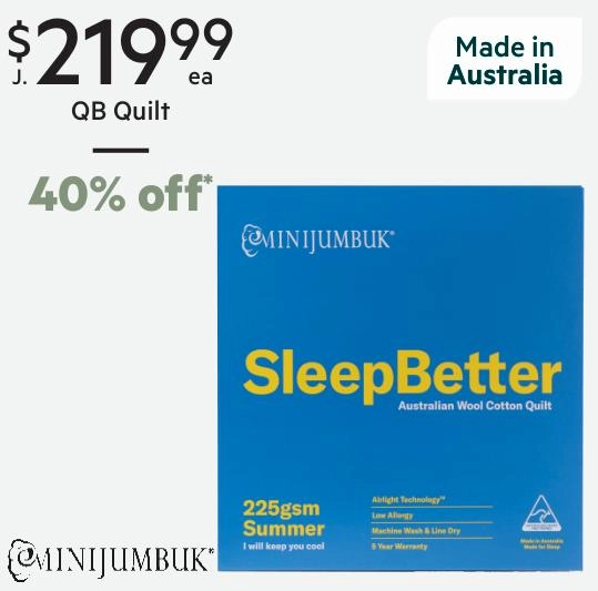 MiniJumbuk SleepBetter 225 GSM Summer Australian Wool Cotton Quilt Queen