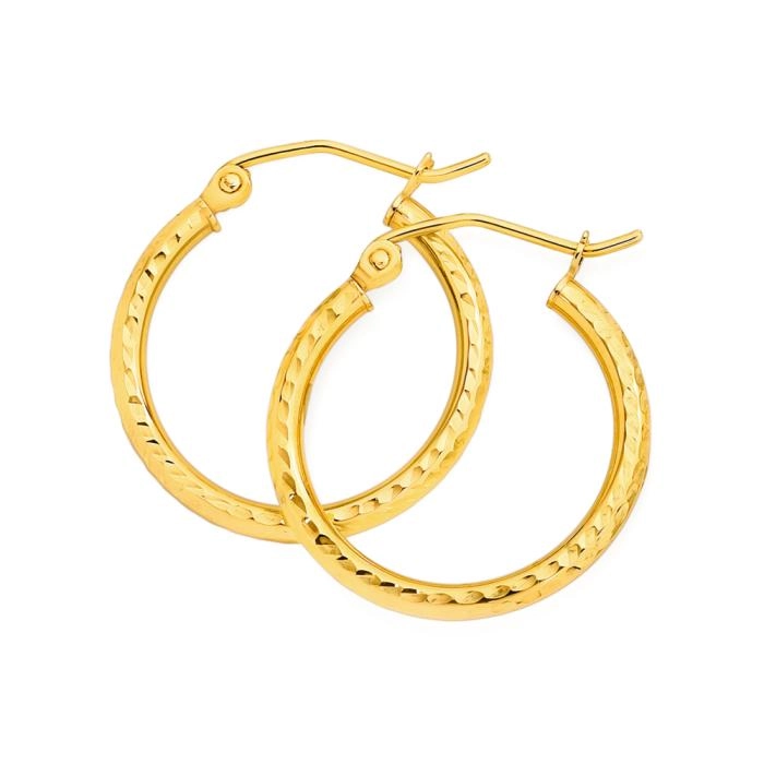 9ct Gold 15mm Diamond-Cut Hoop Earrings