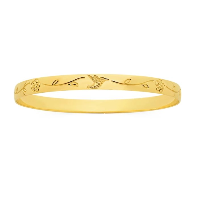 9ct Gold 65mm Solid Bangle with Birds and Flowers Engraved