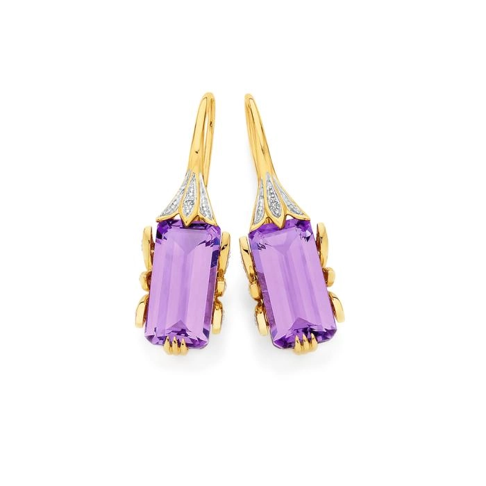 9ct Gold Amethyst & Diamonds Emerald Cut Deco Inspired Earrings