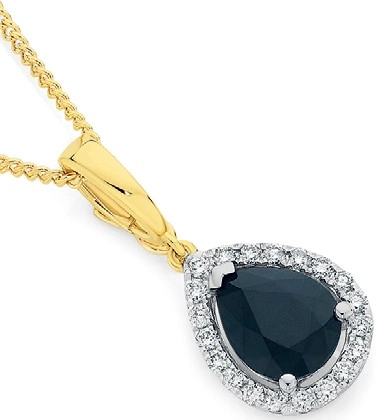 9ct Gold Black Sapphire & Diamond Pear Halo Pendant