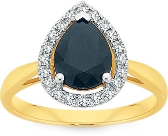 9ct Gold Black Sapphire & Diamond Pear Halo Ring