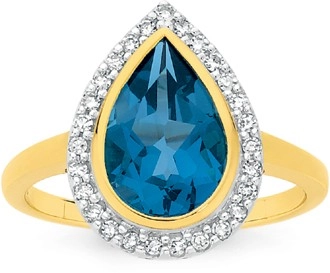 9ct Gold Blue Topaz & .20ct Diamond Dress Ring