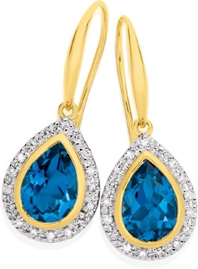 9ct Gold Blue Topaz & .20ct Diamond Earrings