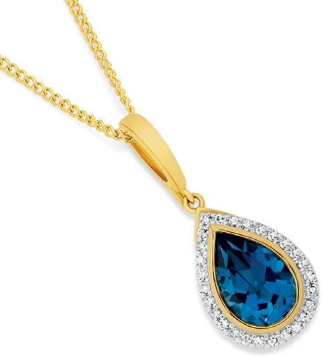 9ct Gold Blue Topaz & .20ct Diamond Pendant