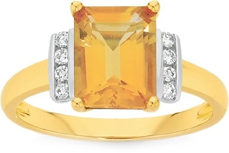 9ct Gold Citrine & .10ct Diamond Emerald Cut Shoulder Set Ring