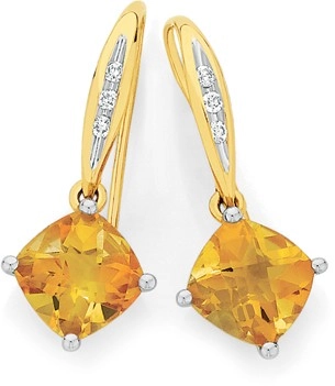 9ct Gold Citrine and Diamond Cushion Shape Hook Earrings