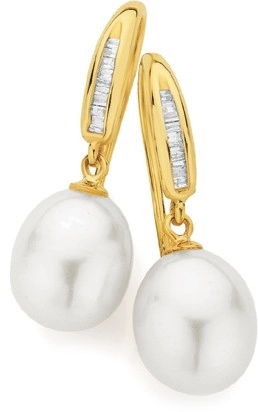 9ct Gold Cultured Fresh Water Pearl & Diamond Hook Earrings