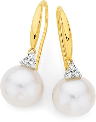 9ct Gold Cultured Freshwater Pearl & .10ct Diamond Hook Earrings