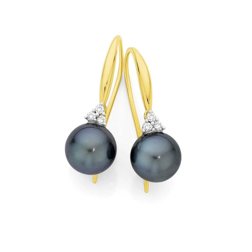 9ct Gold Cultured Tahitian Pearl & Diamond Shepherd Hook Earrings