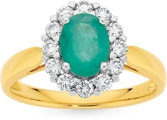 9ct Gold Emerald & 0.50ct Diamond Oval Cluster Ring